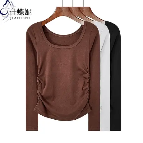 秋冬新款U领纯欲性感褶皱纯棉纯色修身显瘦长袖体恤上衣女打底衫商品大图