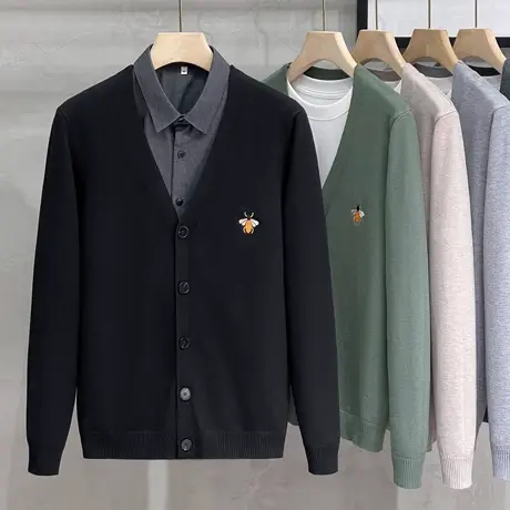男装早秋休闲针织衫纯色日系基础轻商务刺绣薄款开衫线衣复古毛衣商品大图