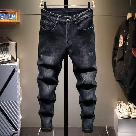 春夏黑色潮牌牛仔裤男修身小脚男士百搭韩版潮流休闲长裤子男弹力商品大图