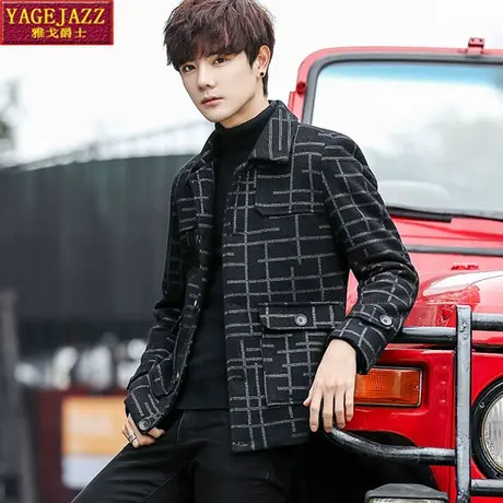 秋冬季短款小风衣外套男士韩版潮流帅气呢子大衣休闲毛呢夹克青年图片