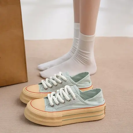 高级感小白鞋百搭复古港风休闲板鞋女2023年夏季薄款厚底帆布鞋子商品大图