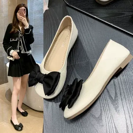 文艺风小皮鞋女春秋2023新款森女蝴蝶结温柔奶奶鞋方头浅口单鞋商品大图