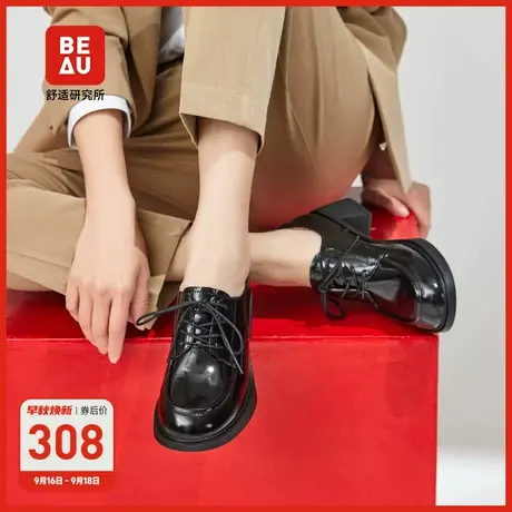 BEAU绑带小皮鞋粗跟单鞋女新款真皮鞋子夏季复古英伦风黑色高跟鞋图片