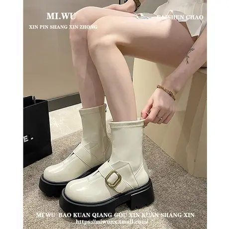 马丁靴女2023秋季新款女靴子英伦风时尚中筒靴复古百搭黑色单靴子商品大图