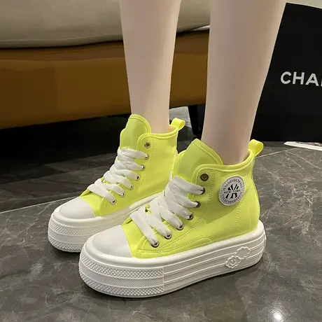 厚底帆布鞋女2023新款春季松糕高帮百搭荧光绿女鞋透气休闲小白鞋商品大图