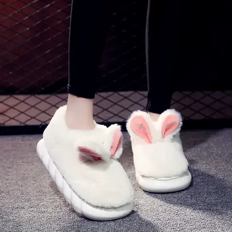 包跟棉拖鞋女冬季可爱兔耳朵居家室内保暖防滑厚底增高跟毛绒棉鞋商品大图