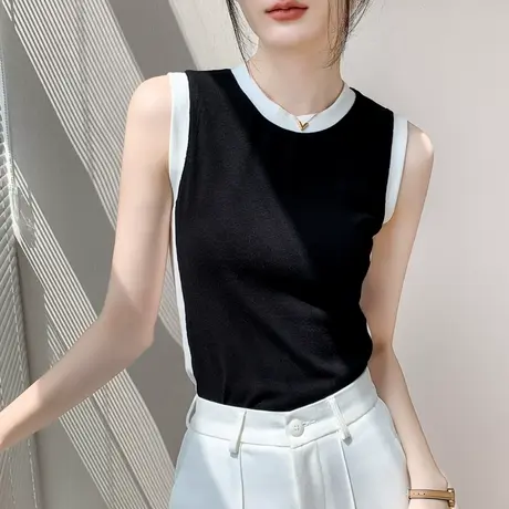 撞色吊带背心女2025夏新款修身显瘦圆领百搭冰丝拼接无袖T恤上衣商品大图
