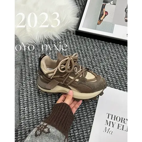 厚底百搭运动老爹鞋女2023秋冬新款ins潮复古加绒跑步华夫阿甘鞋图片