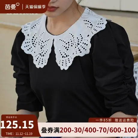 茵曼娃娃翻领中袖T恤女2023夏季新款设计感小众宽松短袖上衣半袖图片