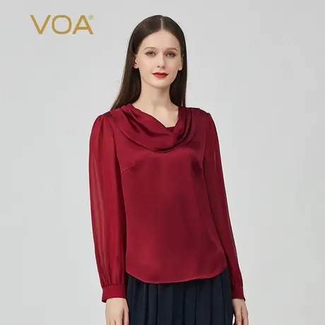 VOA真丝40姆米双面缎浮红流丹堆堆领拼接长袖褶皱宽松桑蚕丝T恤商品大图