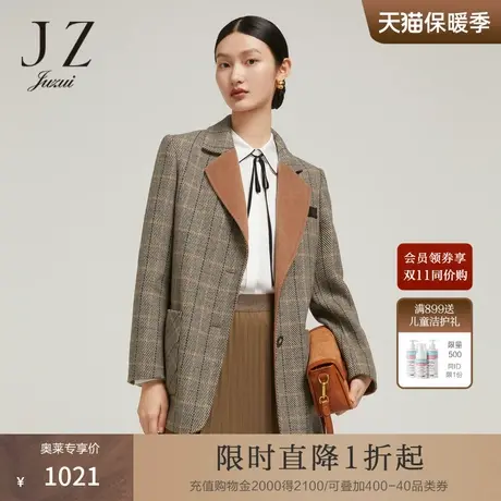 JZ玖姿通勤时尚西装女装2022冬季新款复古简约中长款长袖毛呢外套商品大图