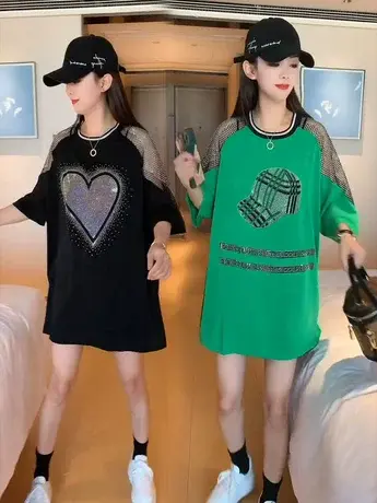 重工烫钻露肩短袖t恤女中长款夏季新款宽松印花镂空上衣欧洲站潮商品大图