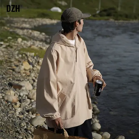 男生卡其色工装连帽夹克外套男秋季高级感网红套头冲锋衣2023新款图片