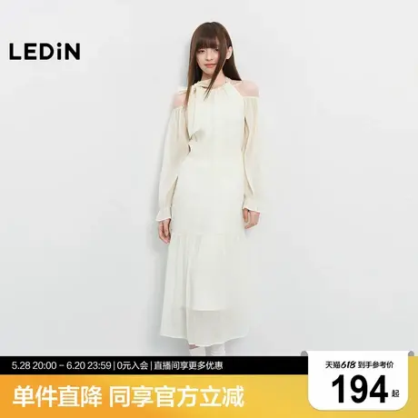 乐町少女感露肩雪纺长裙女25年春季新款宽松仙女裙挂脖长袖连衣裙商品大图