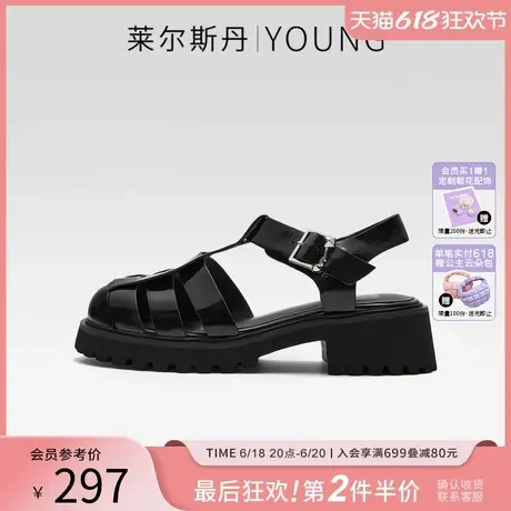 莱尔斯丹YOUNG春夏新款休闲厚底黑色后空罗马凉鞋女猪笼鞋4M55301图片