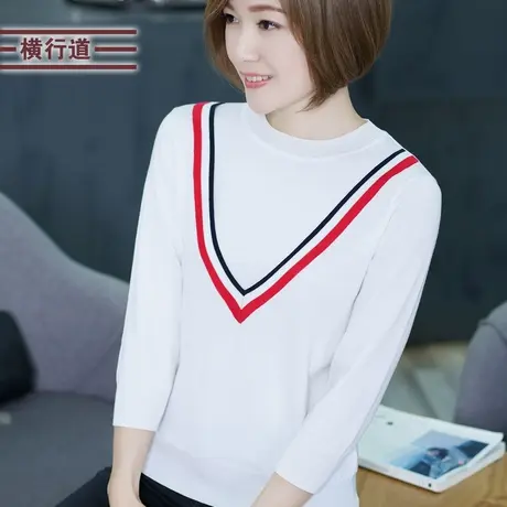 上衣假两件宽松七分袖针织衫秋装韩版大码女装圆领毛衣天丝打底衫商品大图