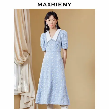 【奥莱】MAXRIENY法式绣花连衣裙秋季翻领泡泡袖中长裙收腰显瘦图片