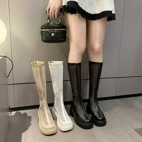 凉靴女夏网面透气2023新款复古英伦风粗跟高跟高筒靴子爆款骑士靴图片