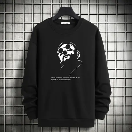 圆领卫衣男2023新款秋冬款加绒加厚无帽上衣服摇粒绒黑色长袖t恤图片