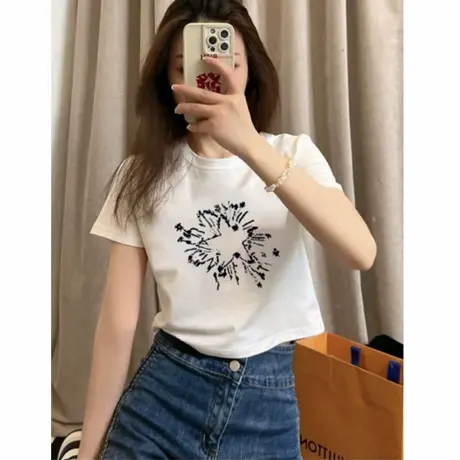 韩版正肩白色小个子短款t恤女2025新款爆款洋气短袖圆领上衣夏季商品大图