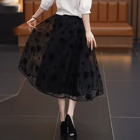 拉夏贝尔夏季新款黑色网纱半身裙女2025高腰a字裙显瘦中长款纱裙商品大图