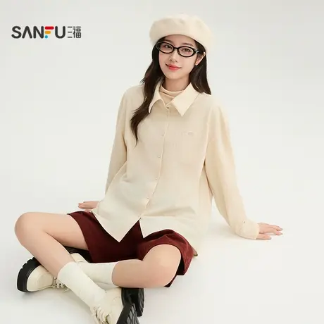 三福长衬衫2025冬季简约翻领口袋小标灯芯绒上衣女装506895商品大图