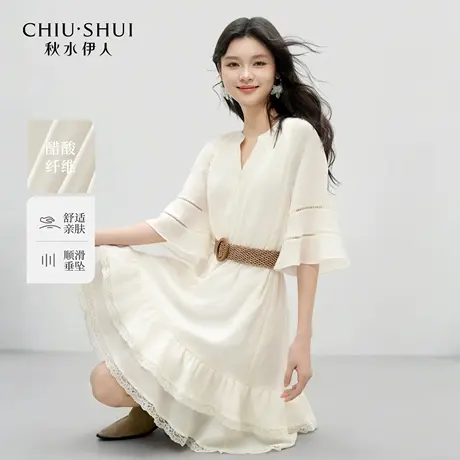 秋水伊人法式浪漫优雅裙子2025年夏季新款女V领收腰通勤连衣裙商品大图