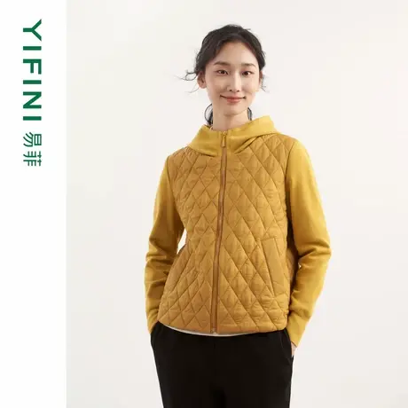 [专柜同款]Yifini/易菲拼接针织连帽宽松短款棉服女冬新外套商品大图