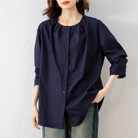 衬衫女长袖春秋新款宽松加肥加大码中年妈妈气质圆领百搭休闲上衣商品大图