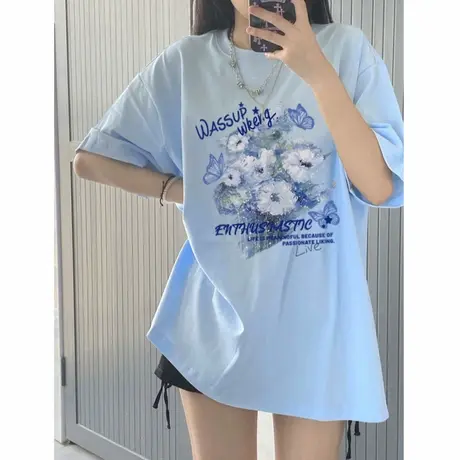 浅蓝色短袖t恤女纯棉2025新款爆款夏季独特设计感宽松上衣体恤ins商品大图