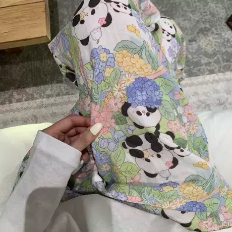 春秋新款花花熊猫纯棉双层纱布睡裤宽松大码可外睡裤遛弯休闲家居商品大图