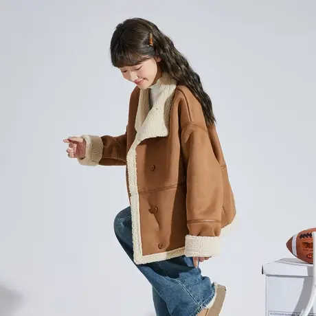 唐狮2024冬季新款韩系外套女立领撞色仿麂皮绒仿羊羔绒短款外套图片