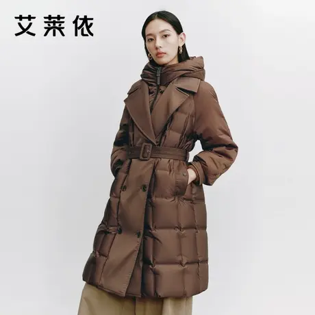 艾莱依女士羽绒服新款假两件式连帽爆款长款时尚腰带鹅绒服外套图片