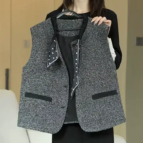 韩系小香风撞色丝巾坎肩马甲女秋季2025新款高级气质叠穿马夹外套商品大图