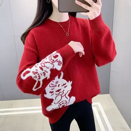 兔年本命年红色宽松套头毛衣女秋冬季加厚新款2022爆款针织打底衫商品大图