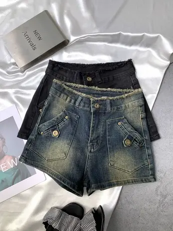 韩版复古毛边口袋牛仔短裤2023秋季新款显瘦百搭高腰裤弹力包臀裤商品大图