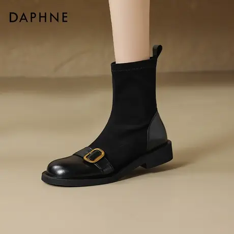 达芙妮短筒靴子女2025新款秋冬瘦瘦靴圆头平跟黑色弹力靴百搭女鞋图片