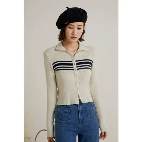 弥古2023新款双拉链条纹针织衫立领开衫外套女秋季高级感短款上衣商品大图