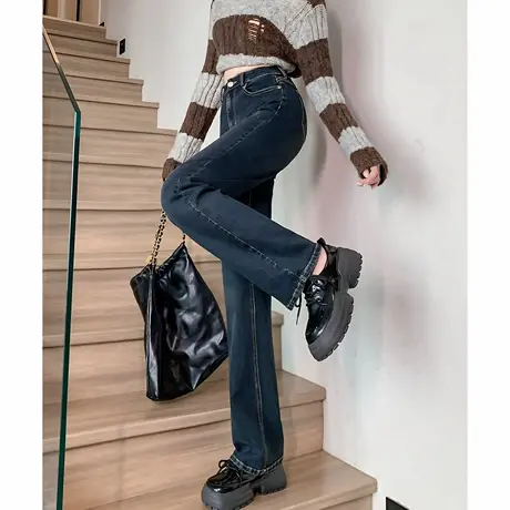 唐狮秋季新款牛仔裤女高腰直筒裤显瘦潮流韩版水洗窄版裤子女TD商品大图
