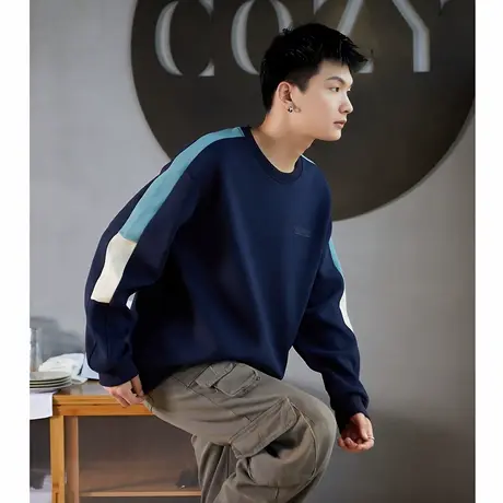 唐狮春秋季圆领卫衣男款运动分青少年设计感拼接小众撞色美式TMTA商品大图