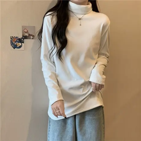德绒保暖内搭打底衫女秋冬宽松加绒加厚中长款堆堆领长袖T恤上衣商品大图