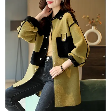 宝诗黎中长款单排扣毛呢外套女2023秋季新款气质撞色大衣针织开衫图片