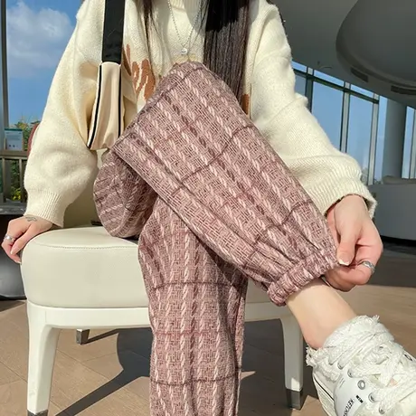 直筒格子毛呢裤女秋冬季新款加厚卫裤束脚羊绒休闲小个子哈伦裤子图片