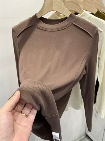 欧货双面磨毛螺纹长袖T恤女2023秋冬新款洋气软糯内搭打底衫上衣商品大图