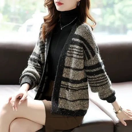 宝诗黎条纹亮丝针织短外套慵懒风宽松休闲开衫秋季新款无扣上衣女商品大图