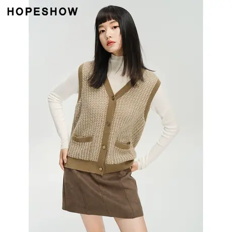 红袖outlets复古拼色提花针织两件套hopeshow2023冬马甲背心毛衣商品大图