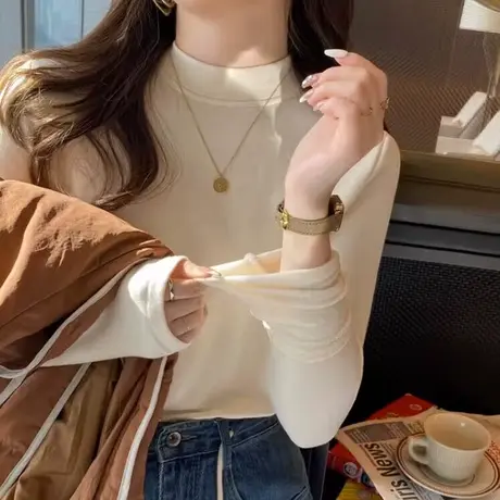 半高领德绒打底衫女2023新款秋冬修身显瘦磨毛加绒加厚长袖T恤潮图片