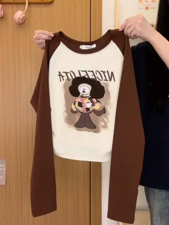 红续植绒卡通插肩短款长袖T恤女复古美拉德风打底衫上衣秋冬新款图片