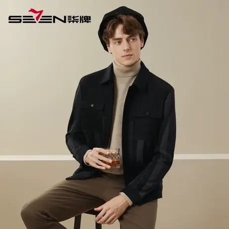 【含羊毛】柒牌翻领夹克男秋冬新款时尚潮流青年撞色条纹工装外套商品大图