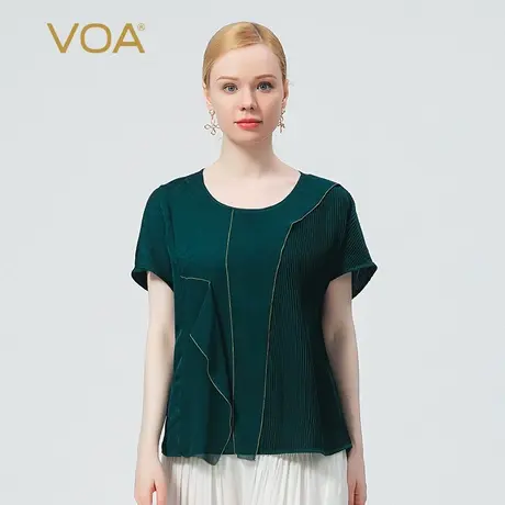 VOA真丝暗纹提花孔雀绿圆领短袖褶皱乔其撞料立体拼接直筒桑蚕丝T图片